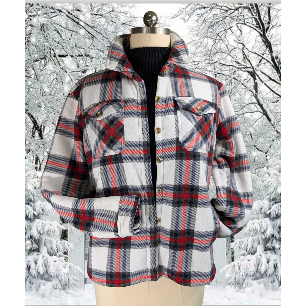 Thick Polar Fleece Teddy Fur Lined Shirt Jacket Shacket White Red Black Sz L